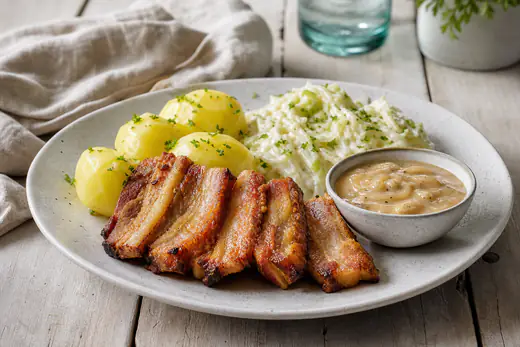 Sprøstekte skiver av sideflesk på en tallerken med kokte poteter, kålstuing og en skål med løkduppe