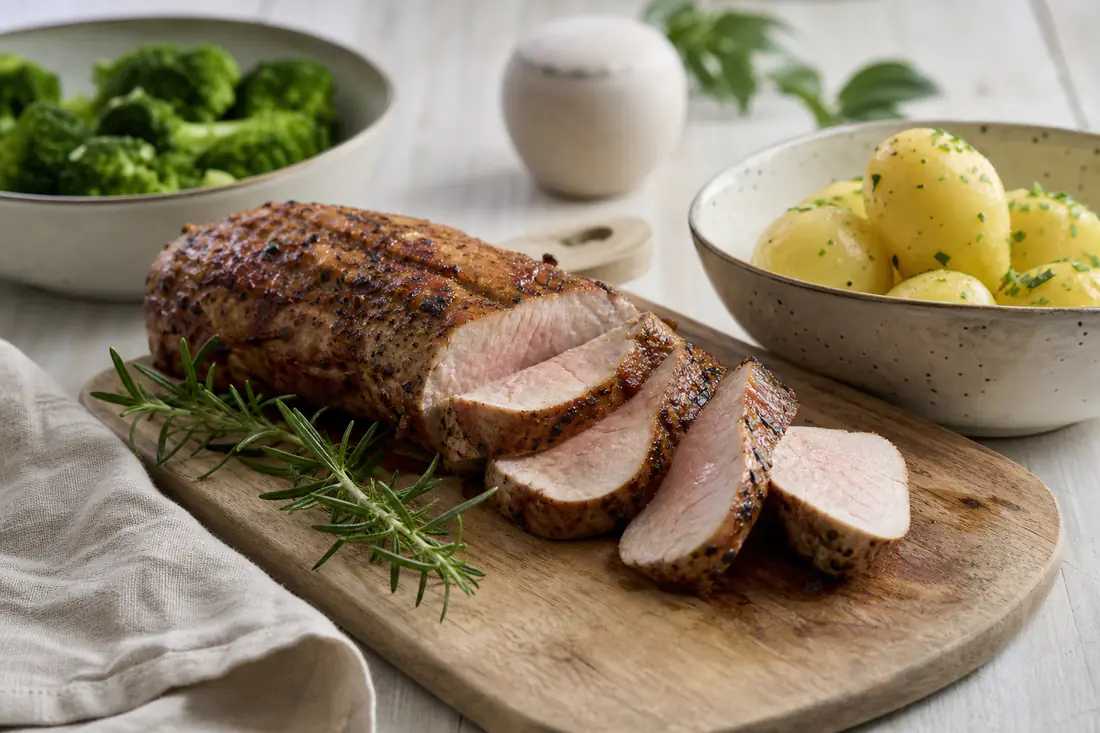 Skiver av stekt svinefilet med gyllen skorpe og lyserosa kjerne på et skjærebrett med rosmarin