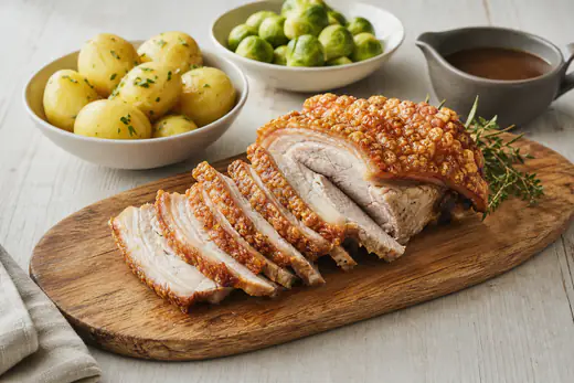 Skåret svinestek med sprø svor på et skjærebrett, med brun saus, poteter og rosenkål