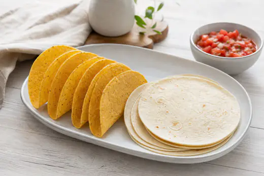 Sprø, gyllenbrune tacoskjell av tortilla stående på et brett ved siden av varme, brettede tortillalefser