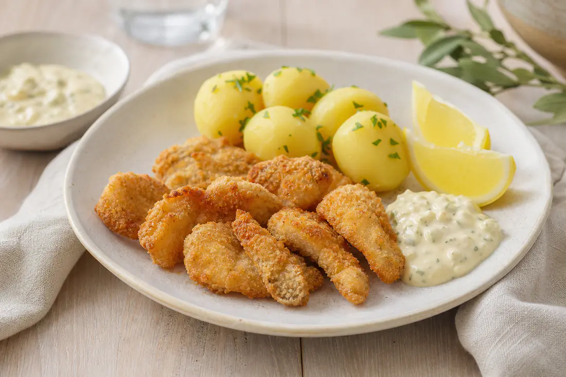 Små panerte torsketunger i gyllen skorpe på en tallerken med sitronbåter, kokte poteter og remulade