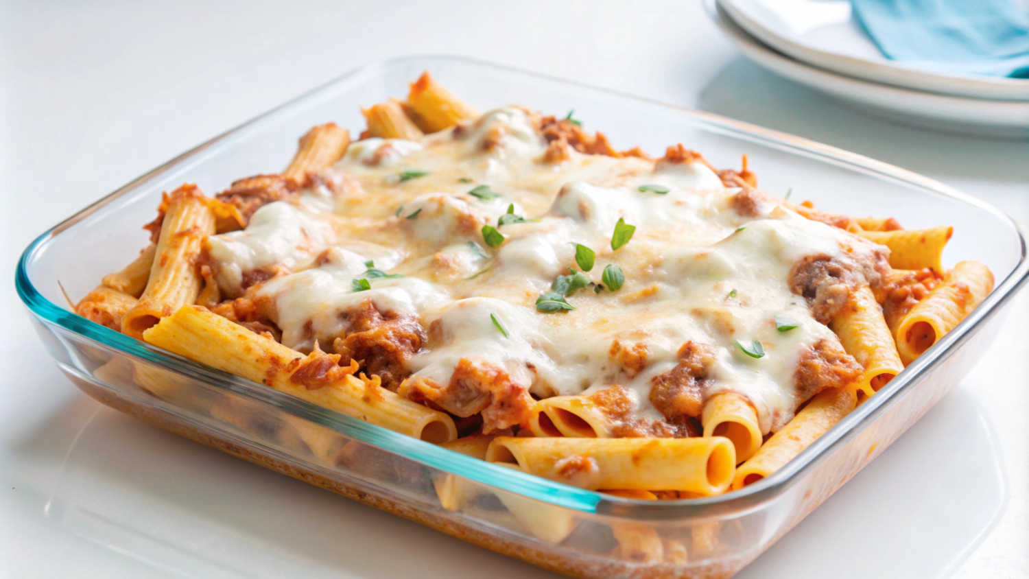 Lasagne tilberedt i airfryer, toppet med gylden ost.